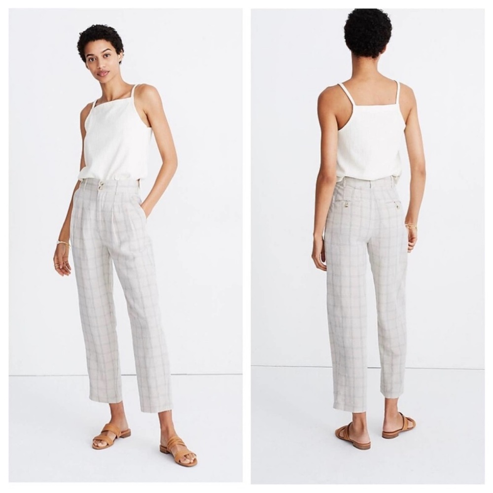New! Madewell Pleated Taper Linen Blend Wide-Leg Pants in Windowpane Size 10